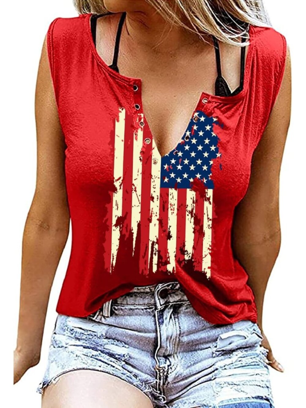 Patriotic Women's Sleeveless V-Neck Tank Top - 4th of July Flag Tee, Ring Hole